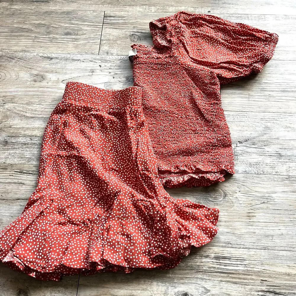 LOFT Puff Sleeve Dotted Smocked Top and Skirt SET Medium Red Orange White
